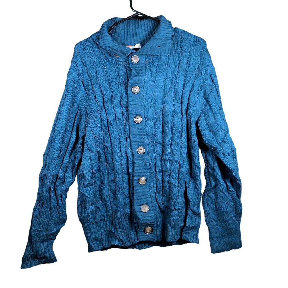 H2H Mens Sweater Blue Button Front Cardigan High Neck 100% Acrylic Medium